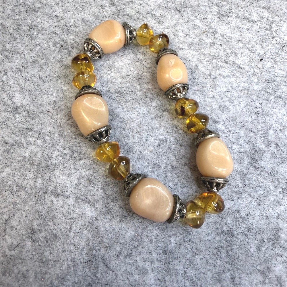Vintage Style Stretch Bracelet Cream Amber Beads Silver Tone Caps Boho Jewelry